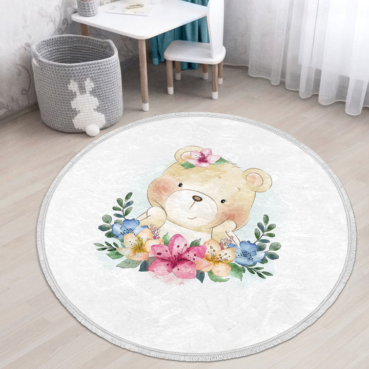 Cute Animal Round Rug|Non-Slip Round Carpet|Fringed Kid Room Circle Carpet|Raccoon Area Rug|Panda Home Decor|Owl, Bear Print Anti-Slip Mat