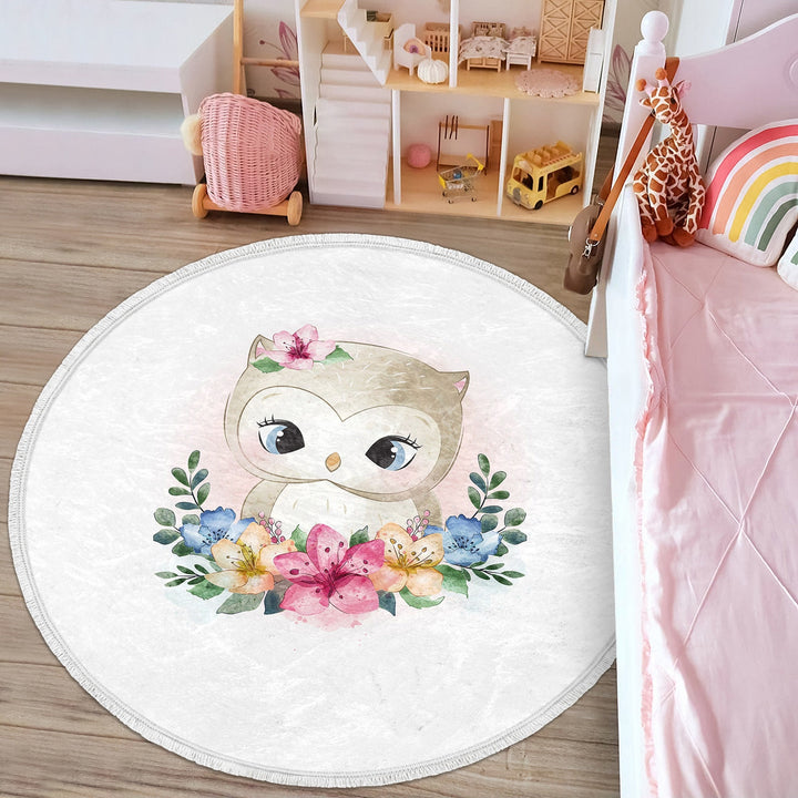 Cute Animal Round Rug|Non-Slip Round Carpet|Fringed Kid Room Circle Carpet|Raccoon Area Rug|Panda Home Decor|Owl, Bear Print Anti-Slip Mat