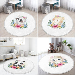 Cute Animal Round Rug|Non-Slip Round Carpet|Fringed Kid Room Circle Carpet|Raccoon Area Rug|Panda Home Decor|Owl, Bear Print Anti-Slip Mat