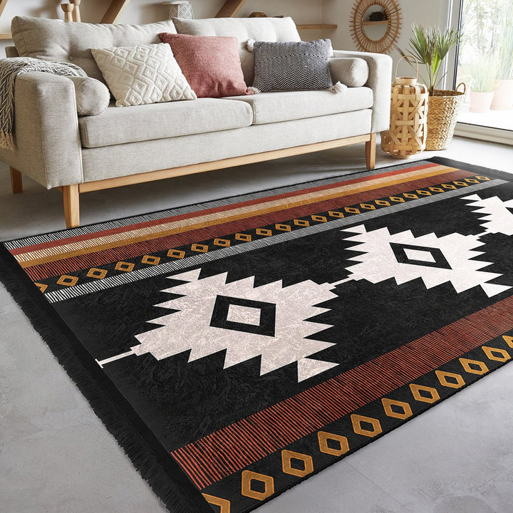 Rug Design Carpet|Southwestern Rug|Rustic Pattern Machine-Washable Non-Slip Rug|Aztec Print Fringed Anti-Slip Carpet|Ethnic Geometric Decor