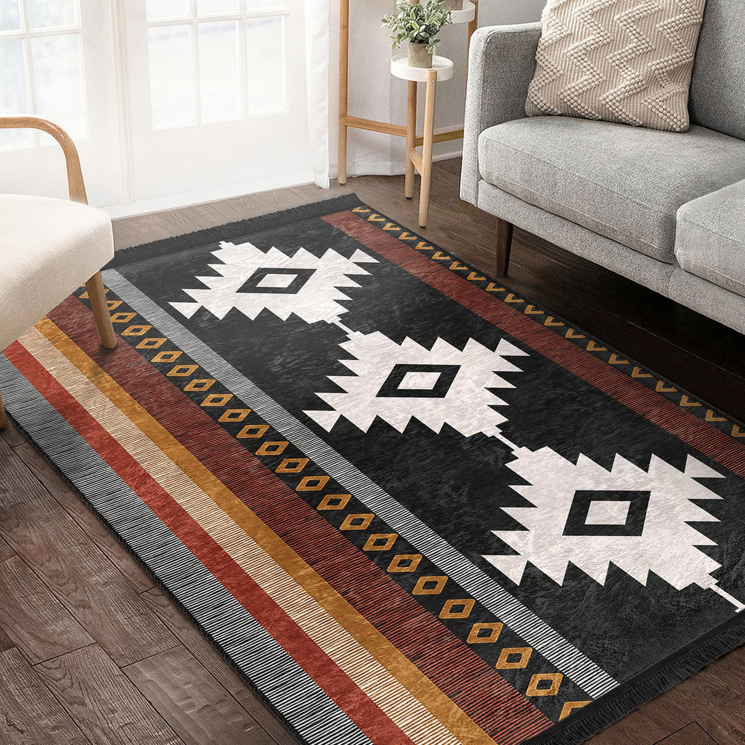 Rug Design Carpet|Southwestern Rug|Rustic Pattern Machine-Washable Non-Slip Rug|Aztec Print Fringed Anti-Slip Carpet|Ethnic Geometric Decor