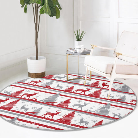 Christmas Round Rug|Winter Non-Slip Rug|Deer Circle Carpet|Snowflake Merry Xmas Rug|Pine Tree Home Decor|Plaid Deer Carpet|Multi-Purpose Mat