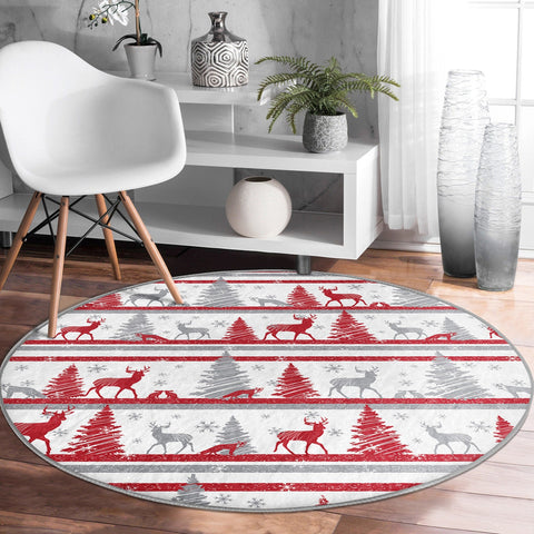 Christmas Round Rug|Winter Non-Slip Rug|Deer Circle Carpet|Snowflake Merry Xmas Rug|Pine Tree Home Decor|Plaid Deer Carpet|Multi-Purpose Mat