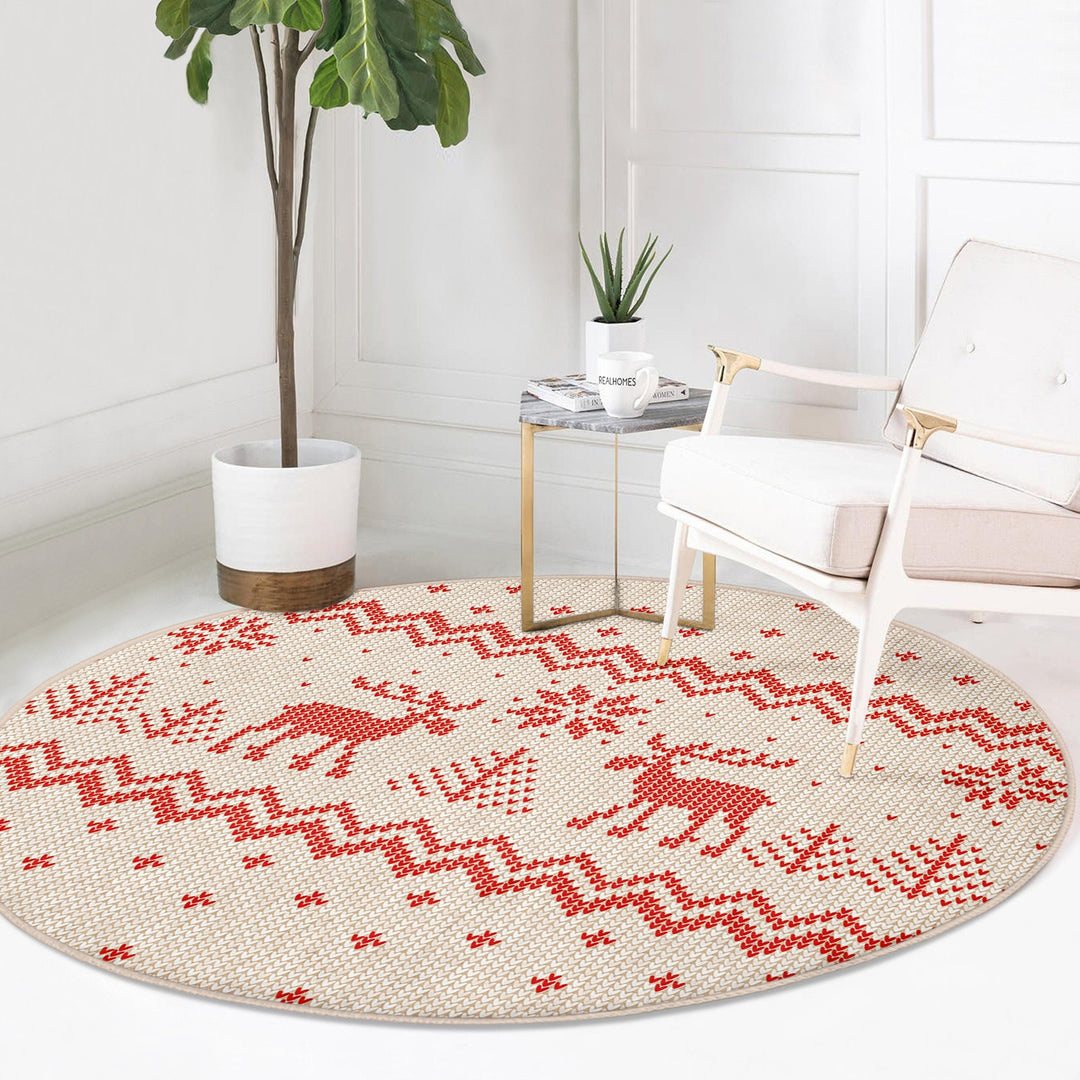 Christmas Round Rug|Winter Non-Slip Rug|Pixel Art Circle Carpet|Merry Xmas Round Rug|Pine Tree Xmas Deer|Snowflake Carpet|Multi-Purpose Mat