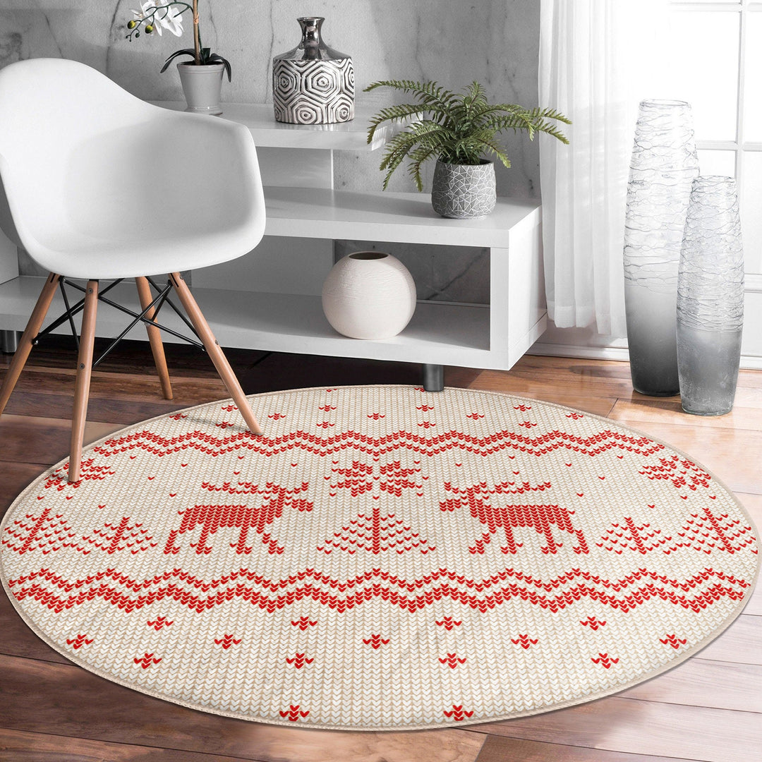 Christmas Round Rug|Winter Non-Slip Rug|Pixel Art Circle Carpet|Merry Xmas Round Rug|Pine Tree Xmas Deer|Snowflake Carpet|Multi-Purpose Mat