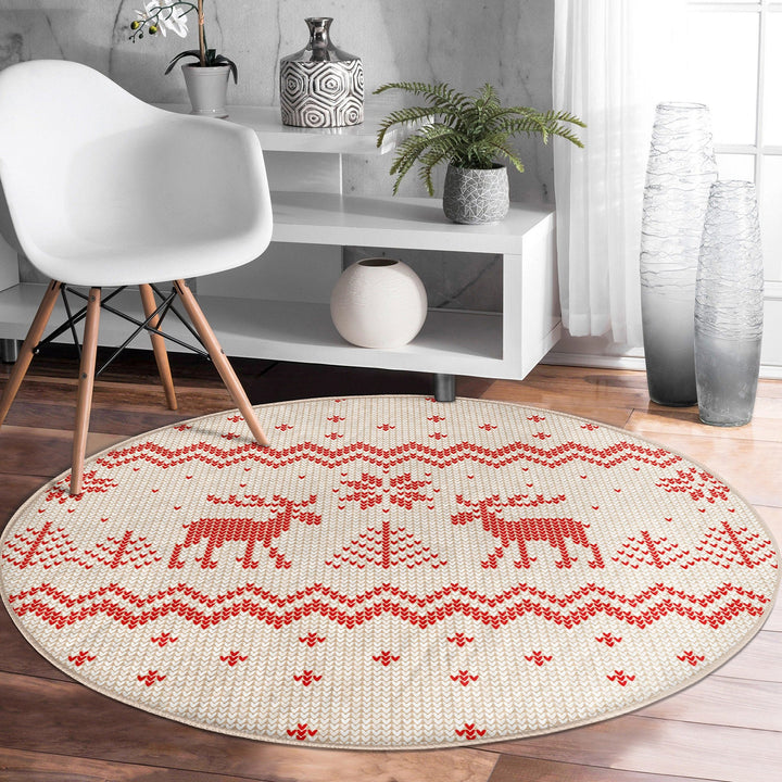 Christmas Round Rug|Winter Non-Slip Rug|Pixel Art Circle Carpet|Merry Xmas Round Rug|Pine Tree Xmas Deer|Snowflake Carpet|Multi-Purpose Mat