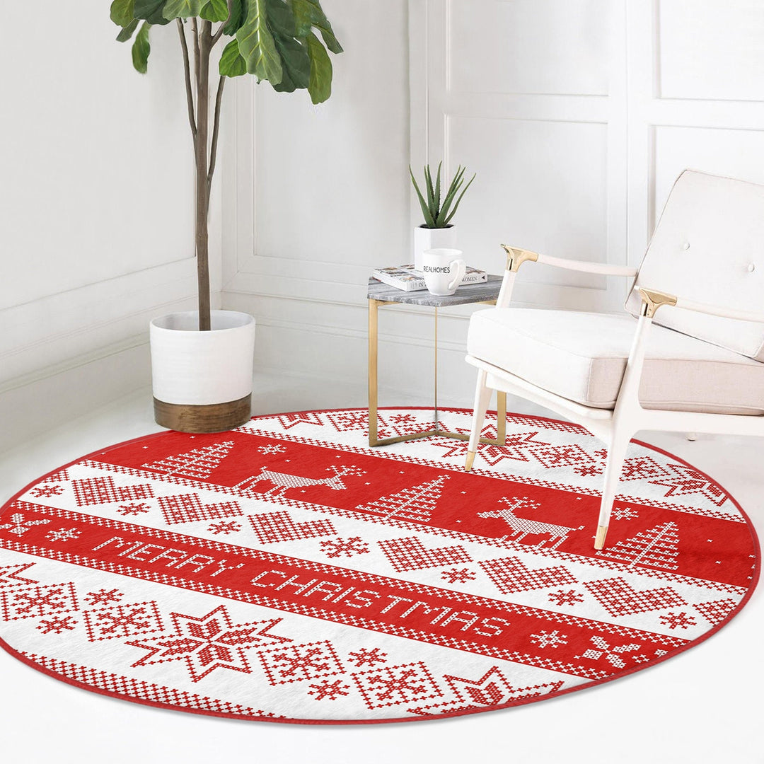 Christmas Round Rug|Winter Non-Slip Rug|Pixel Art Circle Carpet|Merry Xmas Round Rug|Pine Tree Xmas Deer|Snowflake Carpet|Multi-Purpose Mat