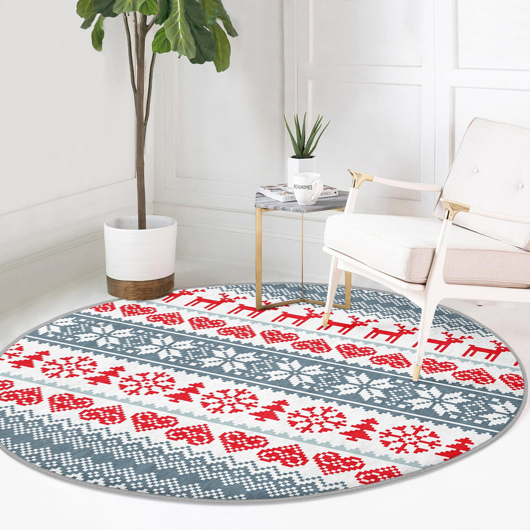 Christmas Round Rug|Winter Non-Slip Rug|Pixel Art Circle Carpet|Merry Xmas Round Rug|Pine Tree Xmas Deer|Snowflake Carpet|Multi-Purpose Mat