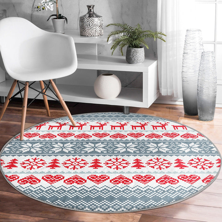 Christmas Round Rug|Winter Non-Slip Rug|Pixel Art Circle Carpet|Merry Xmas Round Rug|Pine Tree Xmas Deer|Snowflake Carpet|Multi-Purpose Mat