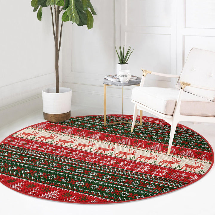 Winter Round Rug|Decorative Non-Slip Rug|Pixel Art Deer Carpet|Xmas Round Area Rug|Pine Tree Xmas Decor|Geometric Carpet|Multi-Purpose Mat