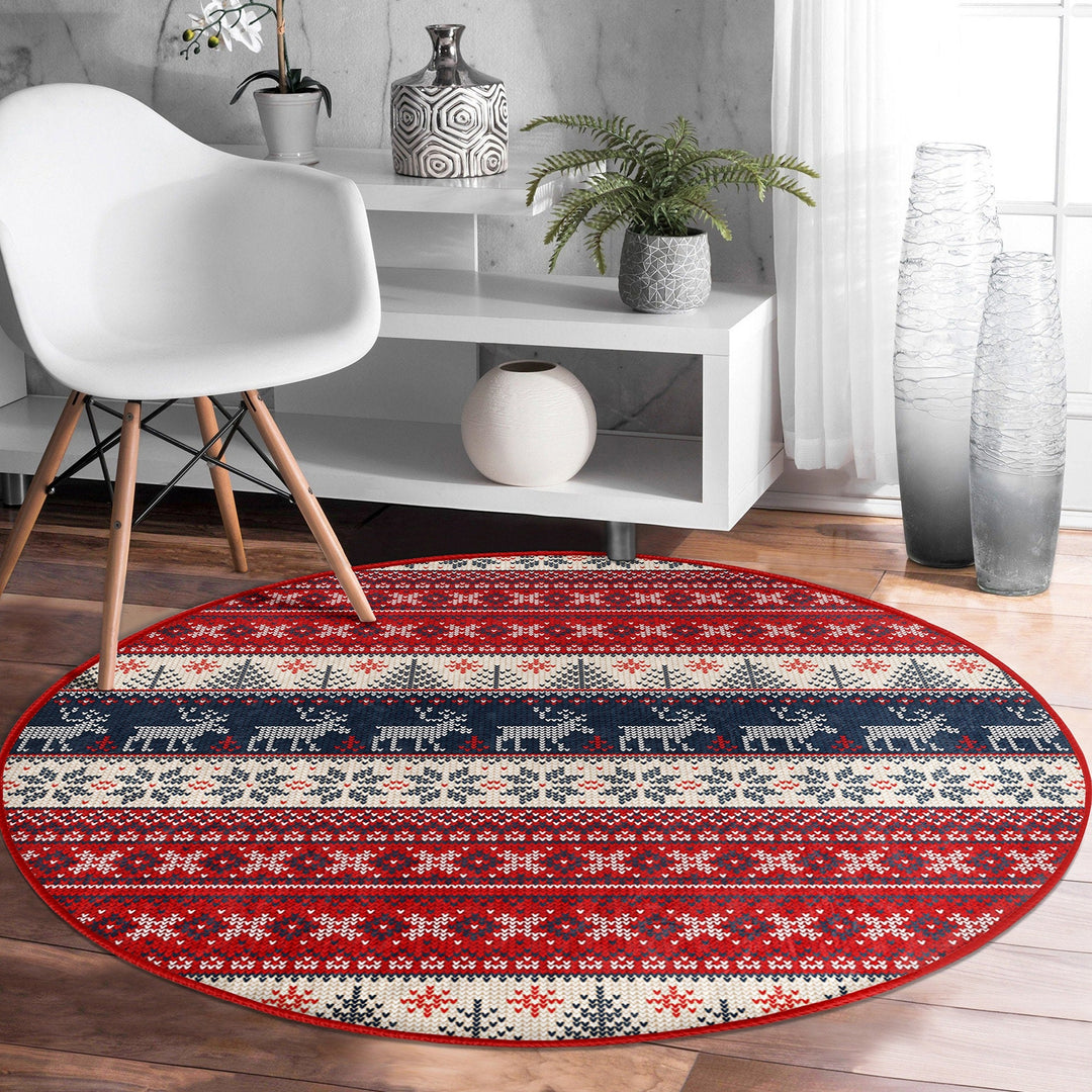 Winter Round Rug|Decorative Non-Slip Rug|Pixel Art Deer Carpet|Xmas Round Area Rug|Pine Tree Xmas Decor|Geometric Carpet|Multi-Purpose Mat