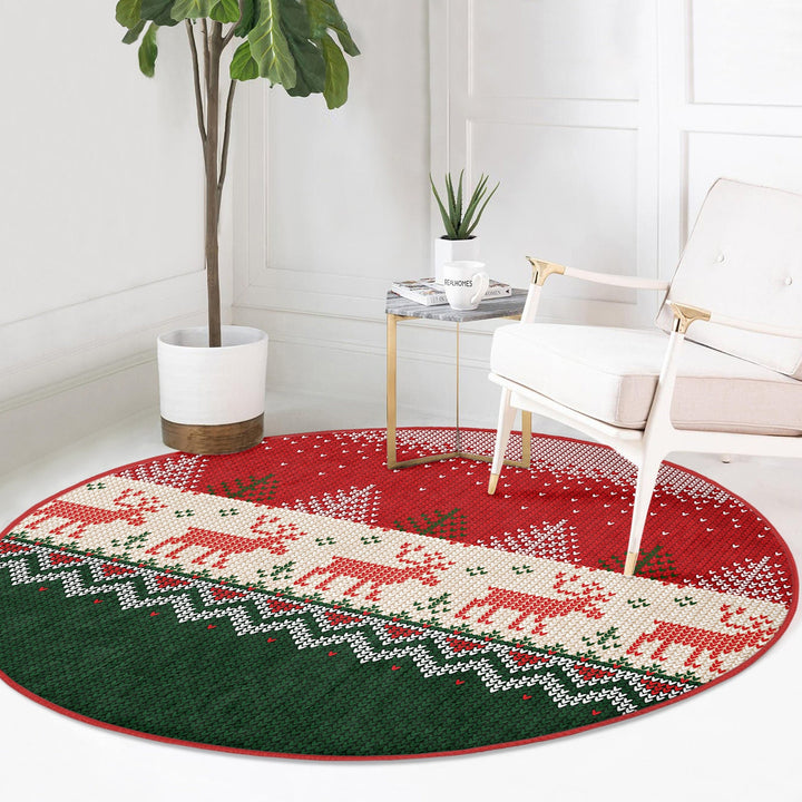 Winter Round Rug|Decorative Non-Slip Rug|Pixel Art Deer Carpet|Xmas Round Area Rug|Pine Tree Xmas Decor|Geometric Carpet|Multi-Purpose Mat