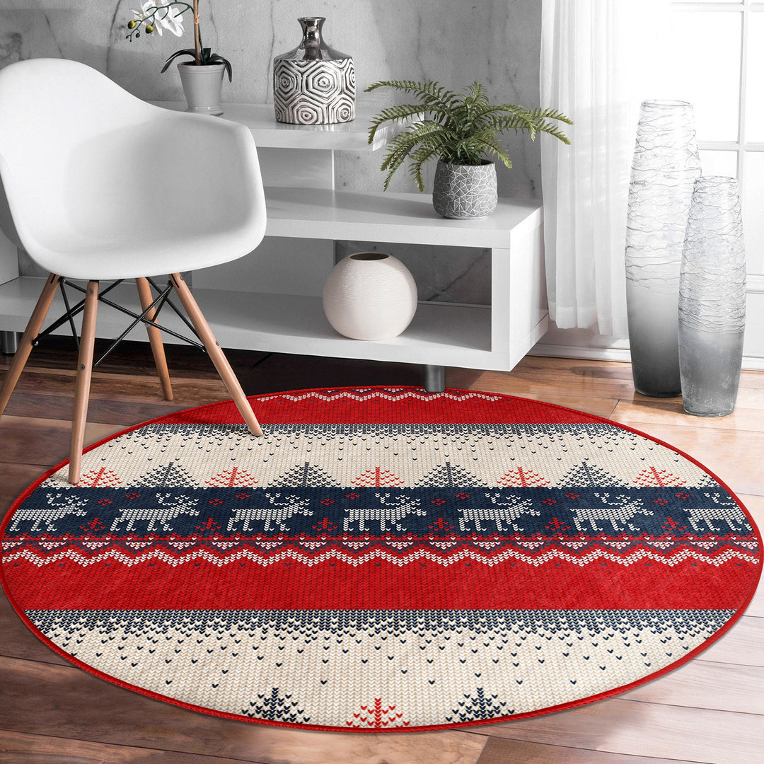 Winter Round Rug|Decorative Non-Slip Rug|Pixel Art Deer Carpet|Xmas Round Area Rug|Pine Tree Xmas Decor|Geometric Carpet|Multi-Purpose Mat