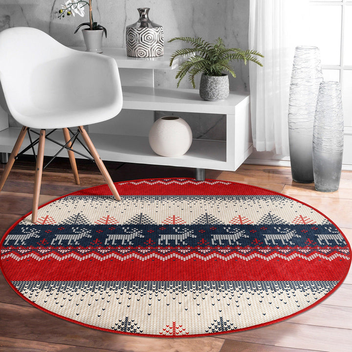 Winter Round Rug|Decorative Non-Slip Rug|Pixel Art Deer Carpet|Xmas Round Area Rug|Pine Tree Xmas Decor|Geometric Carpet|Multi-Purpose Mat