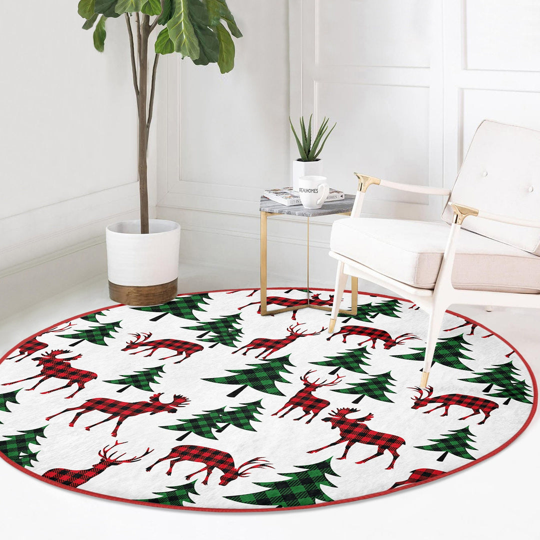 Winter Round Rug|Circle Non-Slip Rug|Pine Tree Round Carpet|Checkered Xmas Rug|Pine Tree Home Decor|Leaf Print Carpet|Multi-Purpose Mat