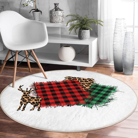 Winter Round Rug|Circle Non-Slip Rug|Pine Tree Round Carpet|Checkered Xmas Rug|Pine Tree Home Decor|Leaf Print Carpet|Multi-Purpose Mat