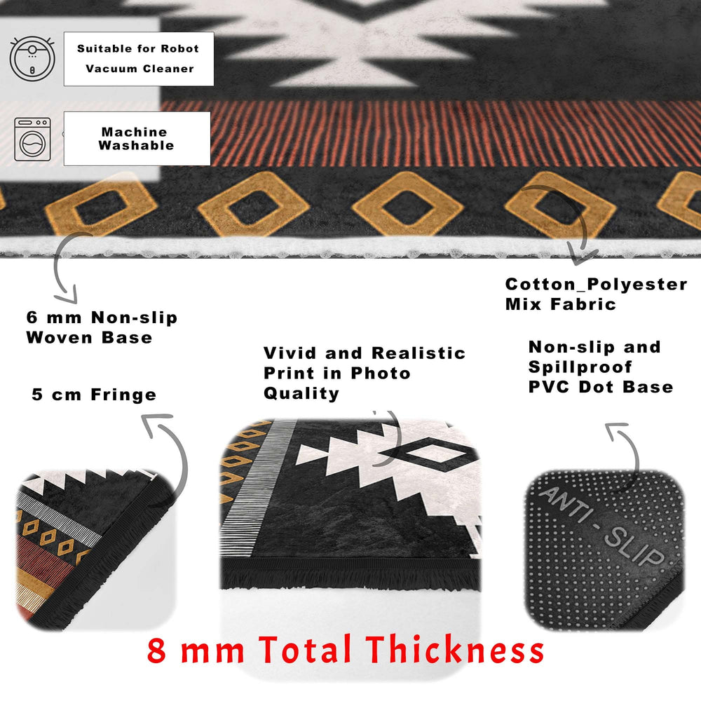 Rug Design Carpet|Southwestern Rug|Rustic Pattern Machine-Washable Non-Slip Rug|Aztec Print Fringed Anti-Slip Carpet|Ethnic Geometric Decor