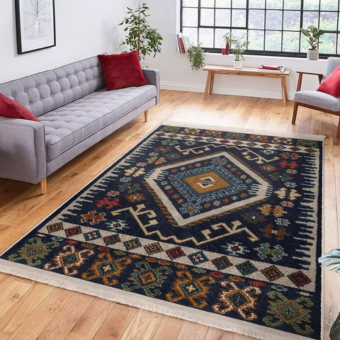 Kilim Pattern Rug|Machine-Washable Fringed Non-Slip Rug|Ethnic Design Farmhouse Carpet|Traditional Multi-Purpose Anti-Slip Geometric Carpet