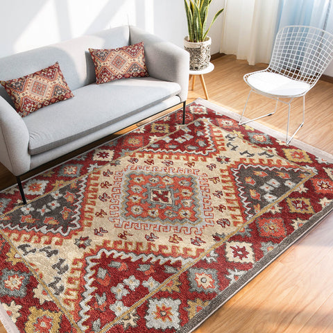 Kilim Pattern Rug|Ethnic Design Farmhouse Carpet|Machine-Washable Fringed Non-Slip Rug|Kilim Motif Multi-Purpose Anti-Slip Geometric Carpet