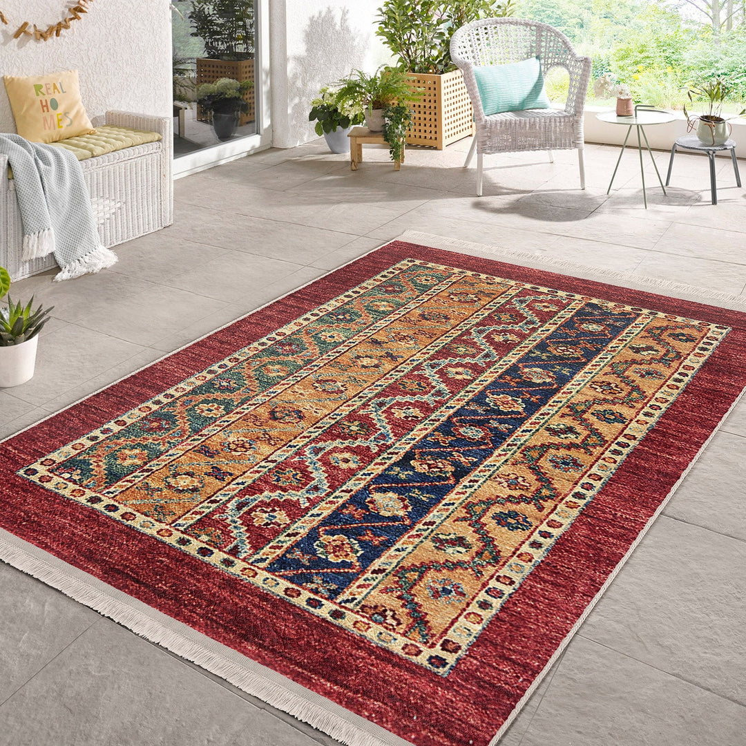 Kilim Pattern Rug|Anatolian Multi-Purpose Anti-Slip Geometric Carpet|Ethnic Design Farmhouse Carpet|Machine-Washable Fringed Non-Slip Rug
