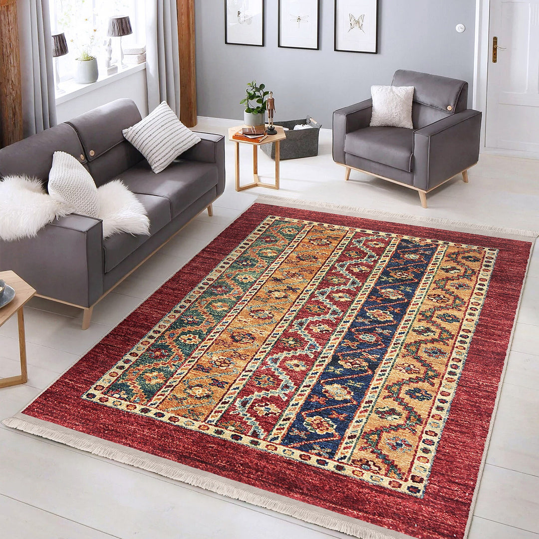 Kilim Pattern Rug|Anatolian Multi-Purpose Anti-Slip Geometric Carpet|Ethnic Design Farmhouse Carpet|Machine-Washable Fringed Non-Slip Rug