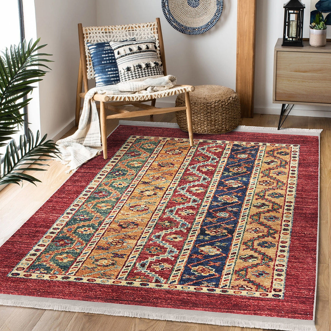 Kilim Pattern Rug|Anatolian Multi-Purpose Anti-Slip Geometric Carpet|Ethnic Design Farmhouse Carpet|Machine-Washable Fringed Non-Slip Rug