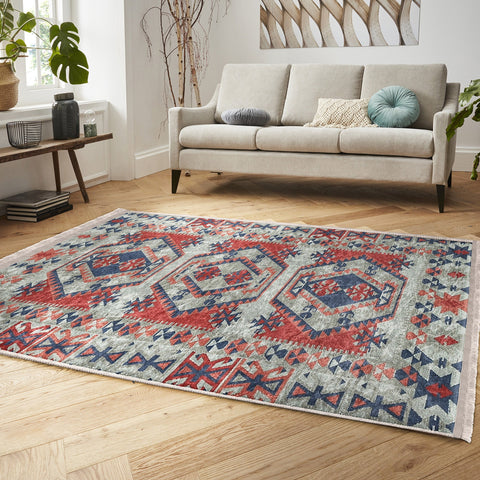 Kilim Pattern Rug|Traditional Multi-Purpose Anti-Slip Geometric Carpet|Ethnic Design Farmhouse Carpet|Machine-Washable Fringed Non-Slip Rug