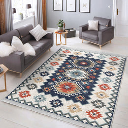 Kilim Pattern Rug|Ethnic Design Farmhouse Carpet|Machine-Washable Fringed Non-Slip Rug|Colorful Multi-Purpose Anti-Slip Geometric Carpet