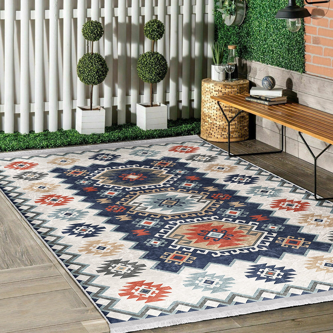 Kilim Pattern Rug|Ethnic Design Farmhouse Carpet|Machine-Washable Fringed Non-Slip Rug|Colorful Multi-Purpose Anti-Slip Geometric Carpet