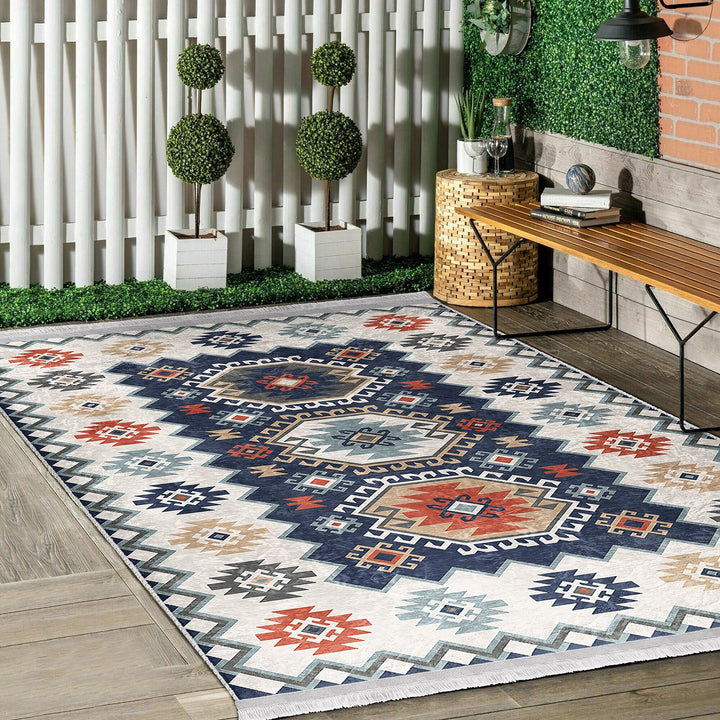 Kilim Pattern Rug|Ethnic Design Farmhouse Carpet|Machine-Washable Fringed Non-Slip Rug|Colorful Multi-Purpose Anti-Slip Geometric Carpet