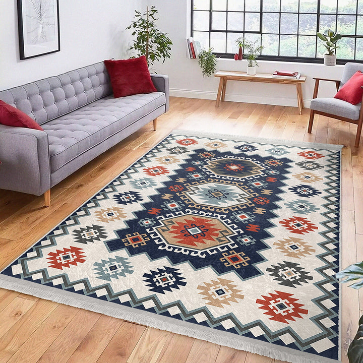 Kilim Pattern Rug|Ethnic Design Farmhouse Carpet|Machine-Washable Fringed Non-Slip Rug|Colorful Multi-Purpose Anti-Slip Geometric Carpet