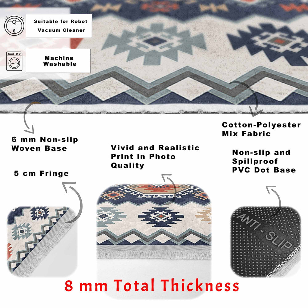 Kilim Pattern Rug|Ethnic Design Farmhouse Carpet|Machine-Washable Fringed Non-Slip Rug|Colorful Multi-Purpose Anti-Slip Geometric Carpet