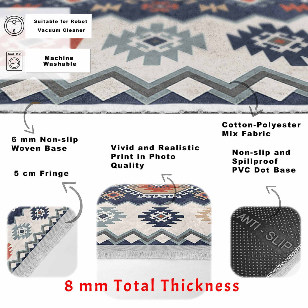 Kilim Pattern Rug|Ethnic Design Farmhouse Carpet|Machine-Washable Fringed Non-Slip Rug|Colorful Multi-Purpose Anti-Slip Geometric Carpet