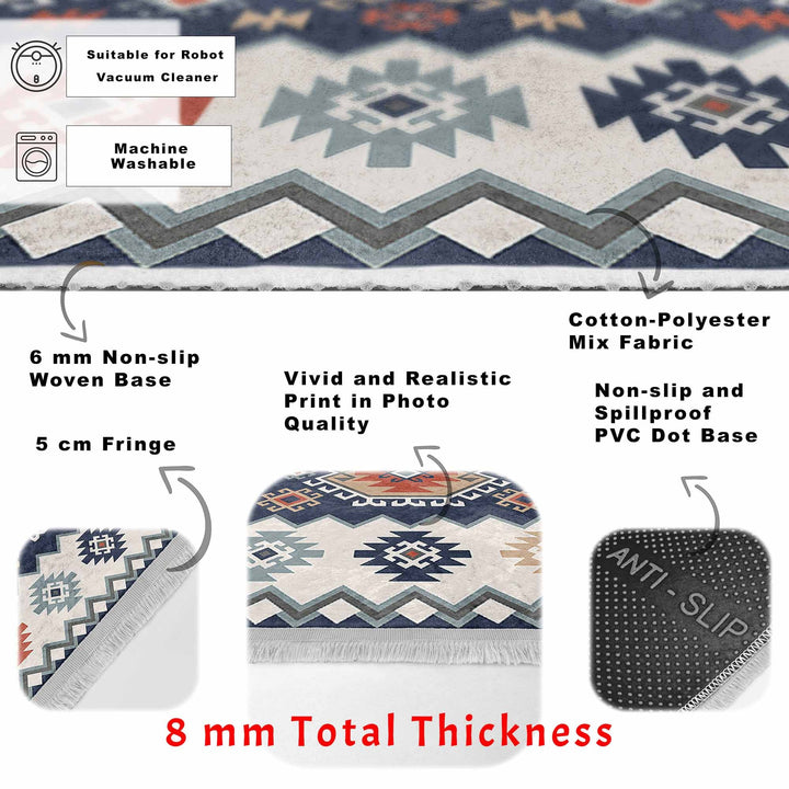 Kilim Pattern Rug|Ethnic Design Farmhouse Carpet|Machine-Washable Fringed Non-Slip Rug|Colorful Multi-Purpose Anti-Slip Geometric Carpet