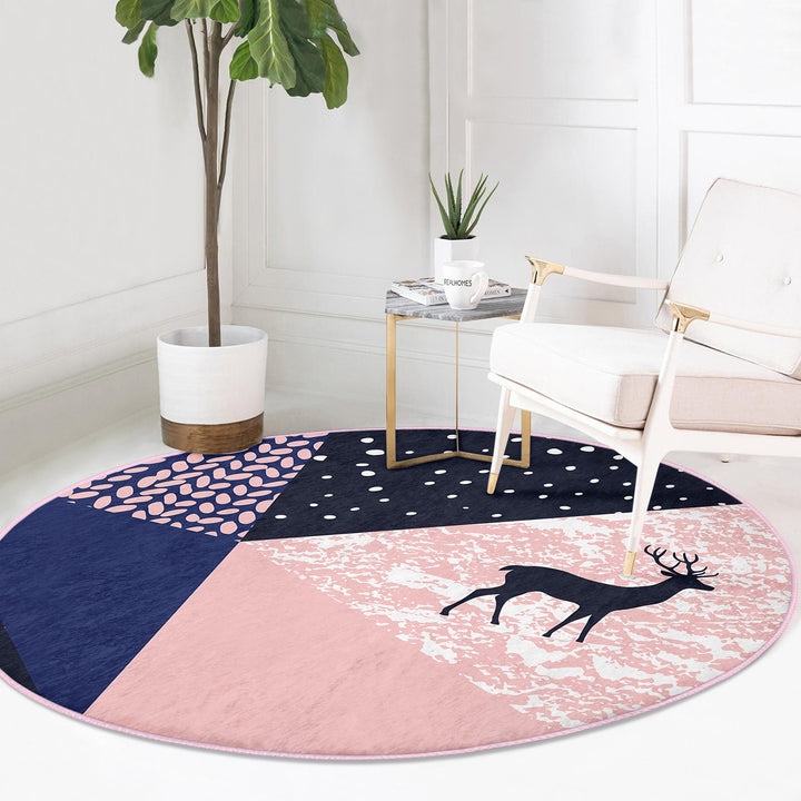 Christmas Round Rug|Winter Non-Slip Rug|Deer Circle Carpet|Abstract Decorative Xmas Rug|Tree Branch Decor|Xmas Deer Carpet|Multi-Purpose Mat