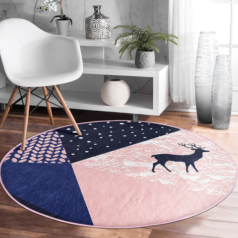 Christmas Round Rug|Winter Non-Slip Rug|Deer Circle Carpet|Abstract Decorative Xmas Rug|Tree Branch Decor|Xmas Deer Carpet|Multi-Purpose Mat