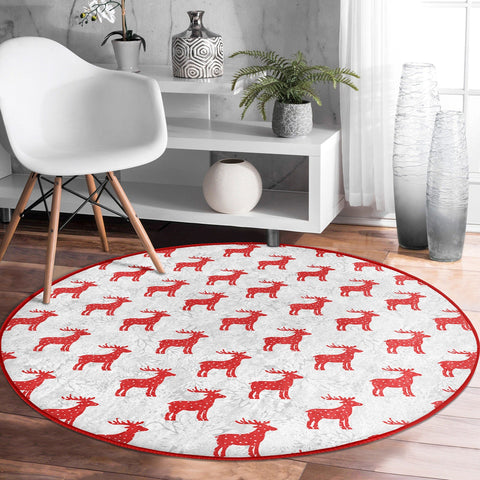 Christmas Round Rug|Red White Circle Carpet|Winter Non-Slip Rug|Merry Xmas Round Rug|Xmas Deer and Tree|Snowflake Carpet|Multi-Purpose Mat
