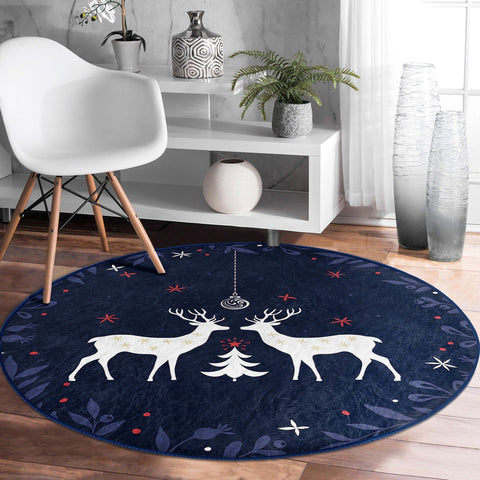 Christmas Round Rug|White Deer Carpet|Winter Non-Slip Rug|Deer Circle Carpet|Happy New Year Rug|Striped Xmas Decor|Multi-Purpose Mat
