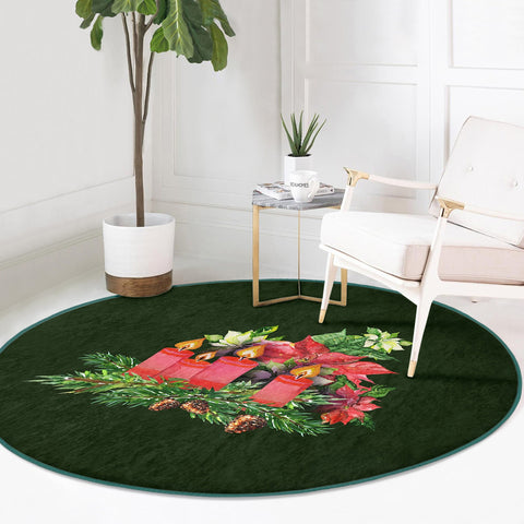 Christmas Round Rug|Candle Circle Carpet|Winter Non-Slip Rug|Pine Cone Xmas Rug|Pine Tree Needles|Floral Xmas Carpet|Multi-Purpose Mat