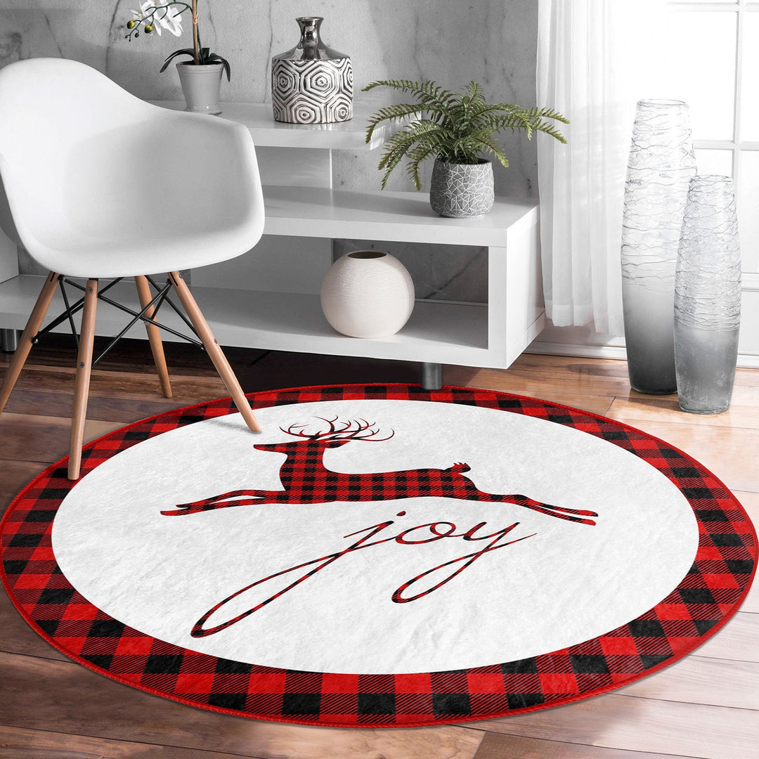Christmas Circle Rug|Winter Round Carpet|Checkered Xmas Rug|Circle Non-Slip Rug|Xmas Deer Carpet|Buckhorn Home Decor|Joy, Believe Floor Mat