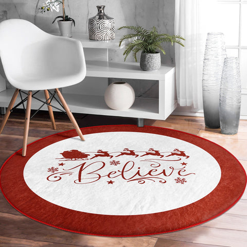 Christmas Circle Rug|Winter Round Carpet|Checkered Xmas Rug|Circle Non-Slip Rug|Xmas Deer Carpet|Buckhorn Home Decor|Joy, Believe Floor Mat