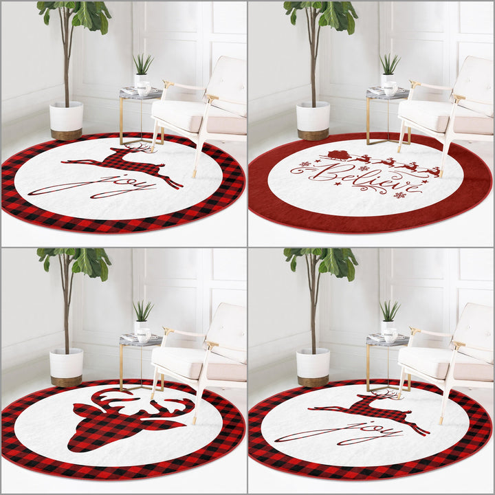Christmas Circle Rug|Winter Round Carpet|Checkered Xmas Rug|Circle Non-Slip Rug|Xmas Deer Carpet|Buckhorn Home Decor|Joy, Believe Floor Mat