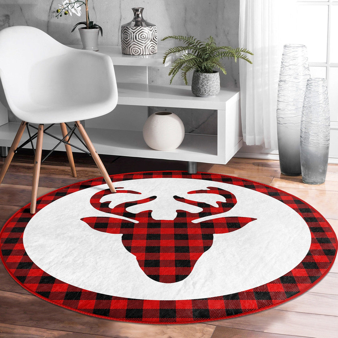 Christmas Circle Rug|Winter Round Carpet|Checkered Xmas Rug|Circle Non-Slip Rug|Xmas Deer Carpet|Buckhorn Home Decor|Joy, Believe Floor Mat