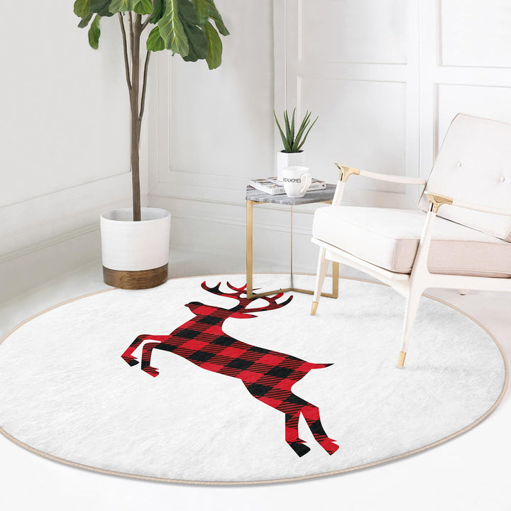 Christmas Circle Rug|Winter Round Carpet|Checkered Xmas Rug|Circle Non-Slip Rug|Merry Xmas Carpet|Deer Home Decor|Camper Print Area Mat