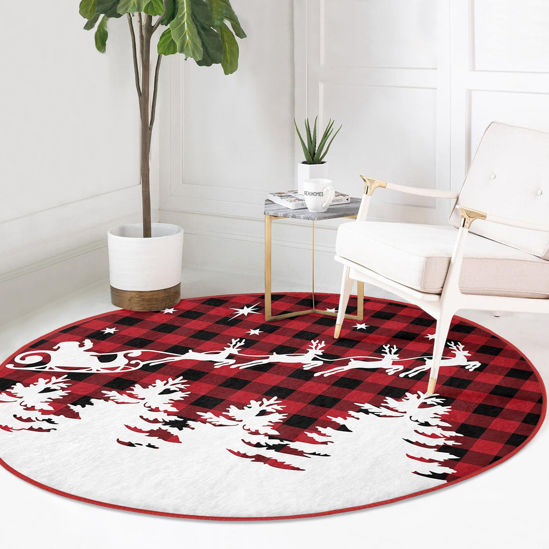 Christmas Circle Rug|Winter Round Carpet|Checkered Xmas Rug|Circle Non-Slip Rug|Merry Xmas Carpet|Deer Home Decor|Camper Print Area Mat