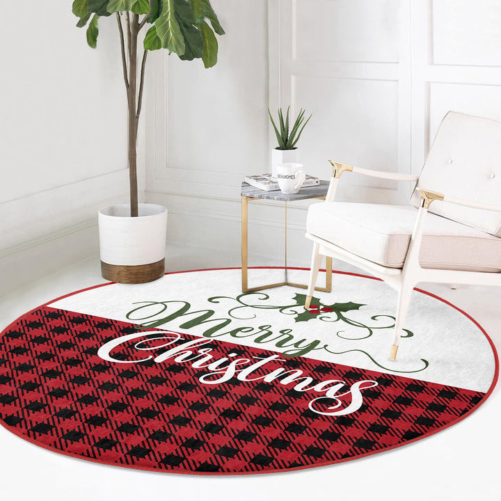 Christmas Circle Rug|Winter Round Carpet|Checkered Xmas Rug|Circle Non-Slip Rug|Merry Xmas Carpet|Deer Home Decor|Camper Print Area Mat