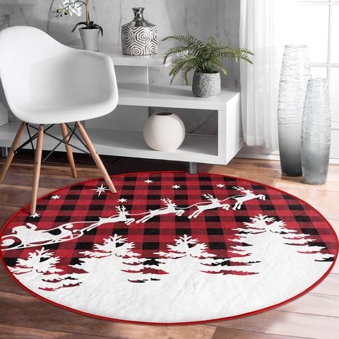 Christmas Circle Rug|Winter Round Carpet|Checkered Xmas Rug|Circle Non-Slip Rug|Merry Xmas Carpet|Deer Home Decor|Camper Print Area Mat