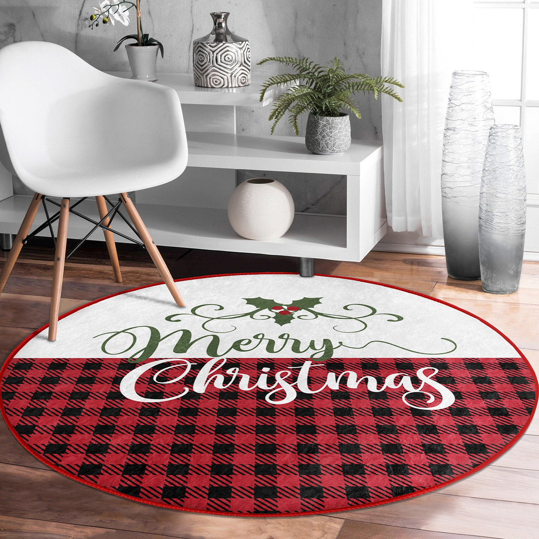 Christmas Circle Rug|Winter Round Carpet|Checkered Xmas Rug|Circle Non-Slip Rug|Merry Xmas Carpet|Deer Home Decor|Camper Print Area Mat