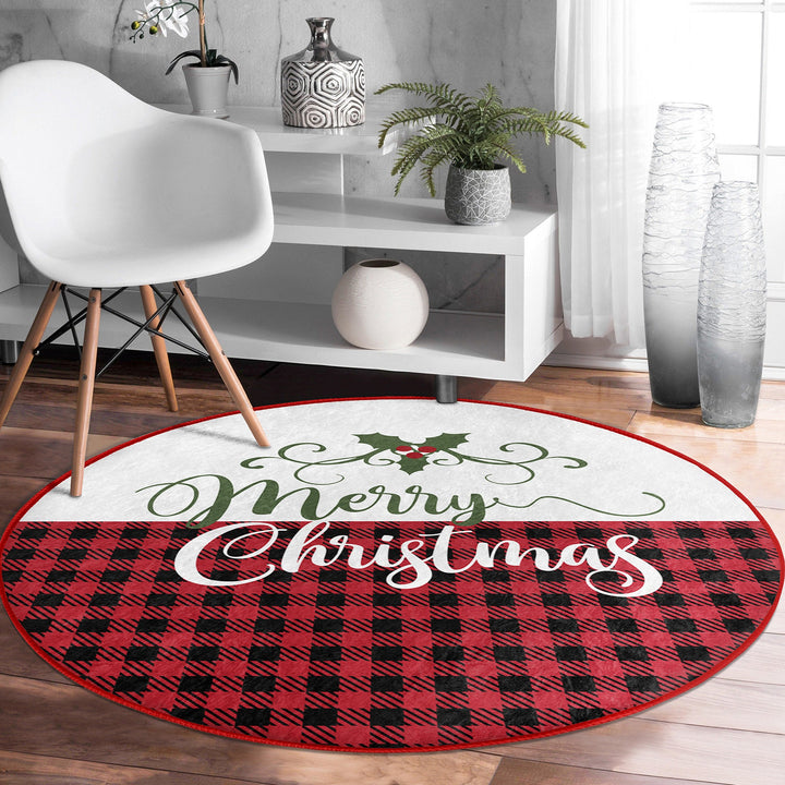 Christmas Circle Rug|Winter Round Carpet|Checkered Xmas Rug|Circle Non-Slip Rug|Merry Xmas Carpet|Deer Home Decor|Camper Print Area Mat