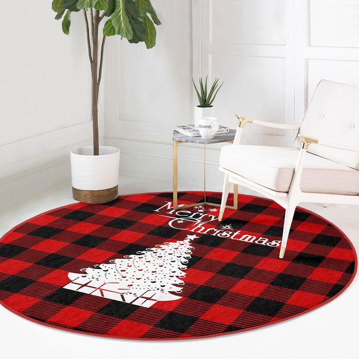 Xmas Round Rug|Winter Trend Carpet|Circle Non-Slip Rug|Pine Tree Carpet|Checkered Xmas Rug|Deer Home Decor|Merry Xmas Print Plaid Floor Mat